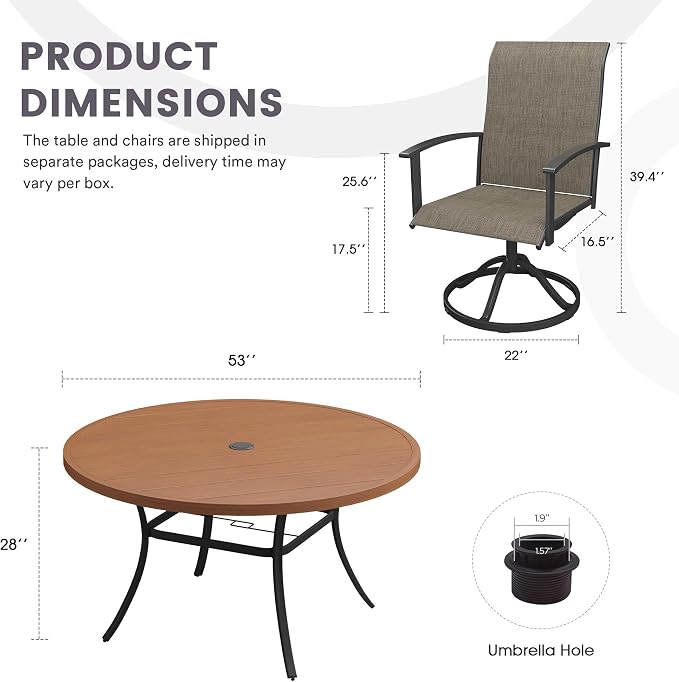 7 Pieces Outdoor Patio Dining Table Set, 53" All Weather Round Metal Table with Umbrella Hole and 6 High Back Textilene Swivel Chairs for Garden, Lawn, Poolside, Walnut Table & Brown Chairs