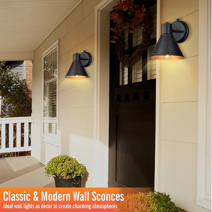 2 Pack Dusk to Dawn Outdoor Wall Sconces, Exterior Farmhouse Barn Light, Vintage Black Outside Wall Lighting Fixture with Hammered Shade, Anti-Rust Waterproof Outdoor Light for House Porch Garage