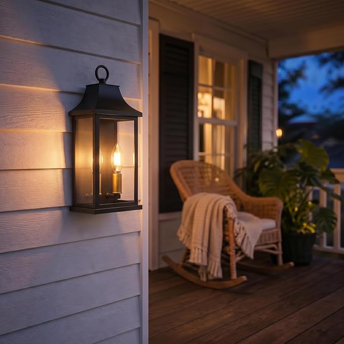 Patio Wall Light Fixtures, Black Waterproof Outdoor Wall Sconce 2pcs | Outdoor Wall Lights with Tempered Glass Shade, Outside Wall Lanterns for Patio, House, Garage, Front Door Entryway, H13.4"