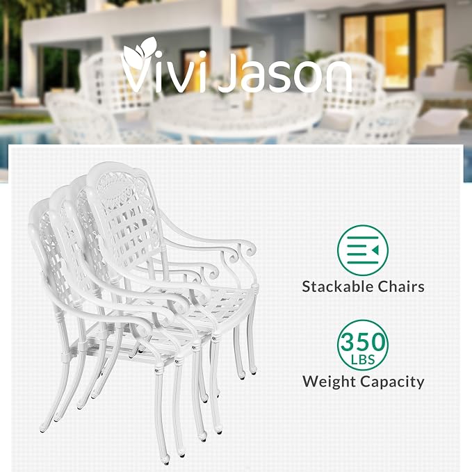 VIVIJASON 5-Piece Patio Furniture Dining Set, All-Weather Cast Aluminum Outdoor Conversation Set, Include 4 Chairs and 1 Round Table w/Umbrella Hole for Balcony, Lawn, Garden, Backyard, White