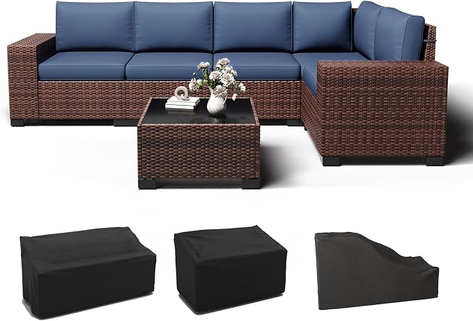 Outdoor Patio Furniture Set, 8'' Wide armrest Outdoor Sectional Rattan Sofa Set, Wicker Patio Furniture Sets w/Coffee Table,Thick Cushions and Cover for Porch, Balcony,Deck 6 PCS(Brown&Navy)