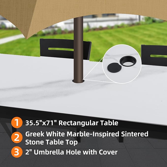 Luxury Outdoor Aluminum Dining Table for 6-8, Rectangular Patio Table with White Marble Pattern Sintered Stone Top, Post Tapered Legs for Garden, Lawn, Weatherproof & Rust-Free