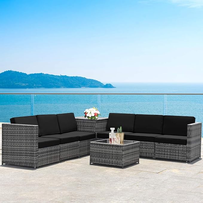 RELAX4LIFE 8-Piece Patio Furniture Set - PE Wicker Conversation Set w/Soft Cushions & Tempered Glass Storage Table, Outdoor Sectional Sofa Set for Garden, Poolside, Backyard (Black)