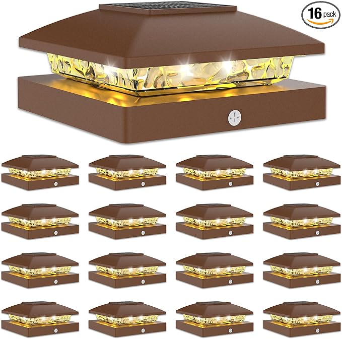 VOLISUN 4x4 Solar Post Cap Light 16pack,Solar Fence - Post Lights Brown Outdoor Waterproof for Wooden/Vinyl Post, with Warm White for Deck