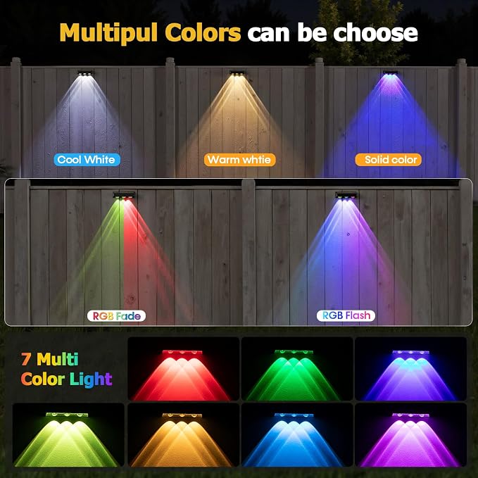 Solar Fence Lights, 12 Pack LED Outdoor Solar Deck Lights with Lenses, RGB Color, IP65 Waterproof, Solar Lights for Outside, Wall, Patio, Railing, Yard (Black)