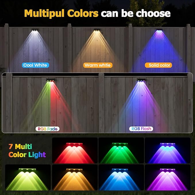 Solar Fence Lights,8 Pack Solars Deck Light,RGB Color,Outdoor Bulb Waterproof Led IP65,Power Patio Lamp with Lenses for Outside/Backyard/Railing/Yard(Black)