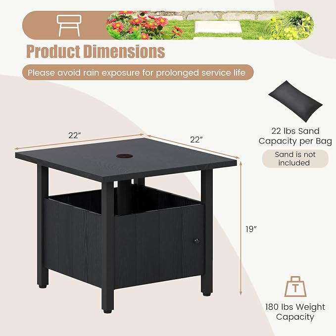 Tangkula Outdoor Table with Hole, Patio Umbrella Table with 2 Sand Bags, 1.89" Umbrella Hole, Metal Frame, Outdoor Side Table for Garden, Deck and Poolside
