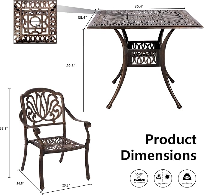 Grepatio 5 Piece Cast Aluminum Patio Dining Set Outdoor Furniture Set 4 Patterned Back Chairs and 1 Large Square Table with 2.4" Umbrella Hole Outdoor Furniture Dining Set for Patio Garden