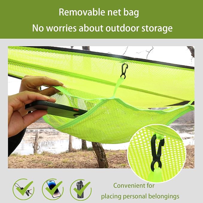 Multi-person triangular hammock, aerial camping hammock, suspended type, suitable for outdoor adventures, hiking, backyards, and gardens, includes straps, buckles, and storage bag (Green, 110in*110in)