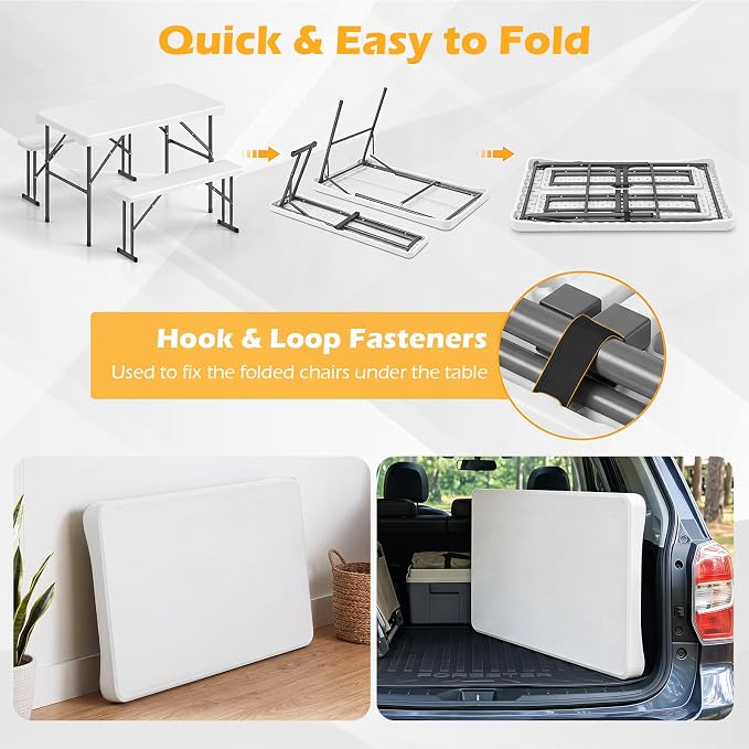 Giantex Folding Picnic Table Set w/ 2 Benches, 44" HDPE, White | Foldable Table & Chairs, All Weather Resistant, Space-Saving & Portable for Camping Party Dining BBQ, Large Weight Capacity