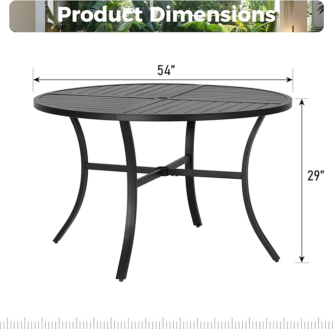MIXPATIO Outdoor Patio Round Dining Table for 6, 54"x 54" Metal Round Table with Adjustable Umbrella Hole, All Weather Wrought Iron Black Outdoor Table for Deck Lawn Garden Backyard, Black