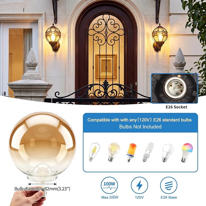 2 Pack Black Globe Outdoor Wall Lights, Round Exterior Wall Sconce for Patio, Porch, Garage, Anti-Rust Aluminum Wall Mount Lighting Fixture, Classic Wall Lantern with Ornate Cage & Amber Glass