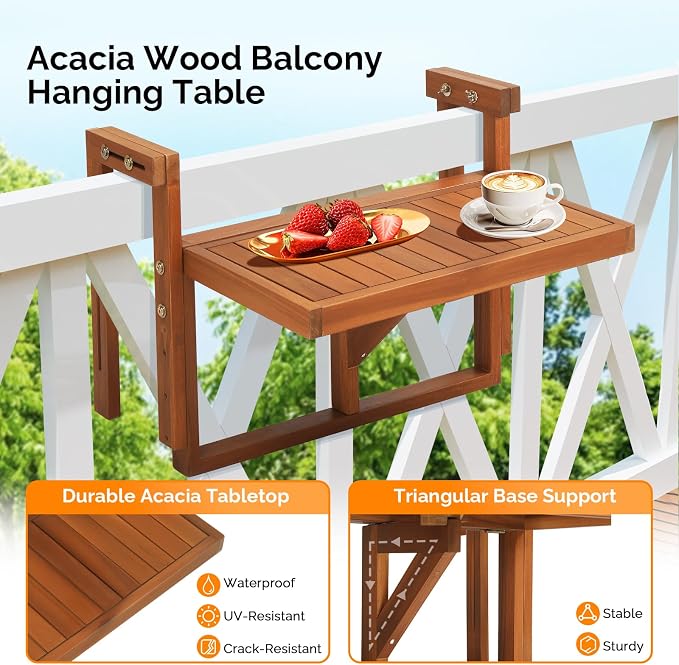 VINGLI 22in Acacia Wood Folding Balcony Hanging Table – Adjustable Height & Width, Balcony Railing Table Ideal for Different Railing Widths,Perfect for Balcony,Patio,Rectangular,Natural Wood Color