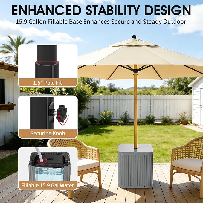 BoYata Outdoor Umbrella Side Table, 2-in-1 Outdoor Side Table with Umbrella Hole, 15.9 Gallon Fillable Umbrella Stand Base, Fit Up to 1.5" Pole, Square Patio Side Table for Poolside, Deck, Matte Gray