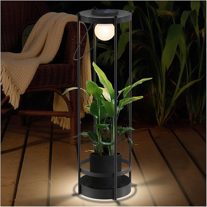 Outdoor Solar Floor Lamp with Plant Stand 2 in 1 Heavy-Duty Metal Flower Pot for Real/Fake Flowers, Adjustable Height, Waterproof Dusk to Dawn, Standing Light for Patio, Yard, Garden (35.5"H - 1Pack)