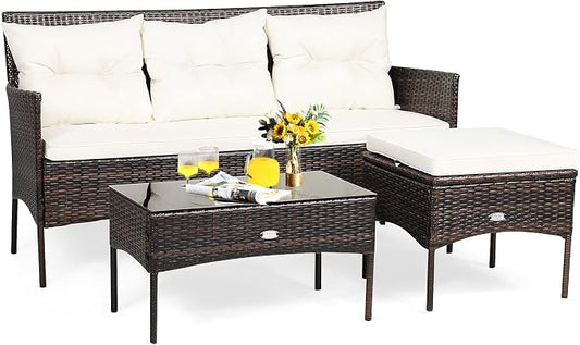 HAPPYGRILL 3PCS Outdoor Rattan Conversation Set Patio Furniture Set with Tempered Glass Coffee Table, 5 Elastic Seat & Back Cushions, Sectional Sofa Set for Poolside Balcony Backyard