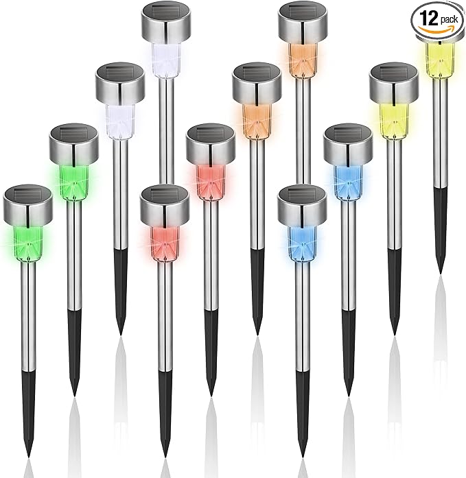 GIGALUMI Outdoor Waterproof Multicolor Solar Garden Lights, 12 Pack | Stainless Steel LED, Color-Changing Glow, Ideal for Patio Lawn Yard Landscape, Garden & Patio Decor