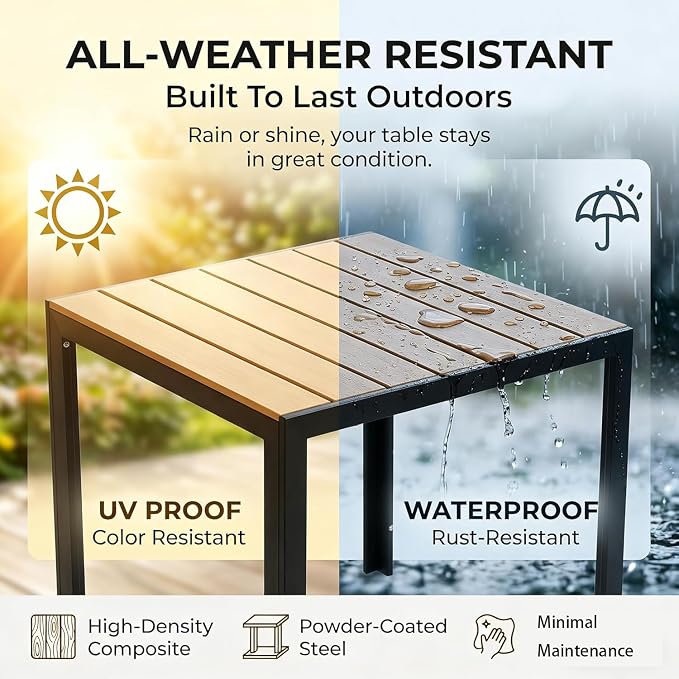 Square Outdoor Patio Table with Alloy Steel Frame and Faux Teak Top, Weather-Resistant Garden Outdoor Dining Table for Balcony,Garden,Patio,Porch, Yard,Poolside