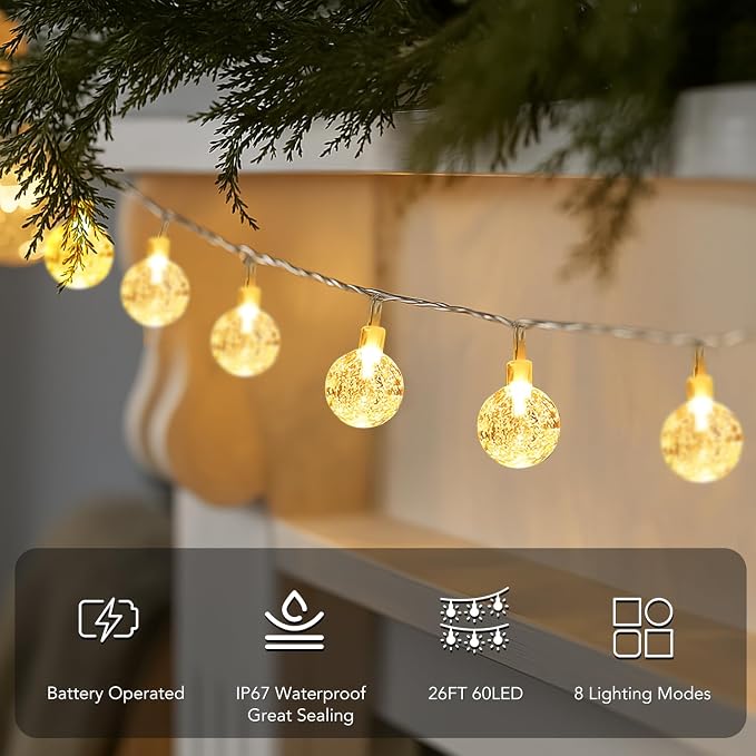 Metaku Globe String Lights Battery Operated Fairy Light 26ft 60LED & Remote | Waterproof Indoor Outdoor Hanging String Lights Decorative Christmas Lights for Home Party Patio Garden Classroom Wedding