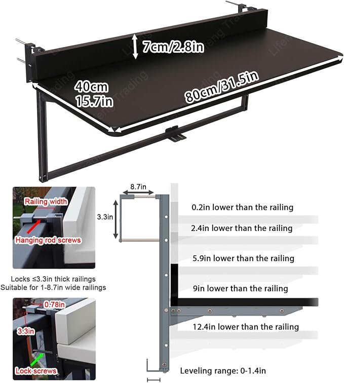 Outdoor Balcony Bar Table for Railings Aluminium Folding Balcony Shelf 5 Height Adjustable Wall-Mounted Side Table Saving Space 120 lbs Loading Serving Table for Patio Deck(Black,31.5x15.7in)
