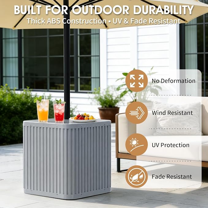 BoYata Outdoor Umbrella Side Table, 2-in-1 Outdoor Side Table with Umbrella Hole, 15.9 Gallon Fillable Umbrella Stand Base, Fit Up to 1.5" Pole, Square Patio Side Table for Poolside, Deck, Matte Gray