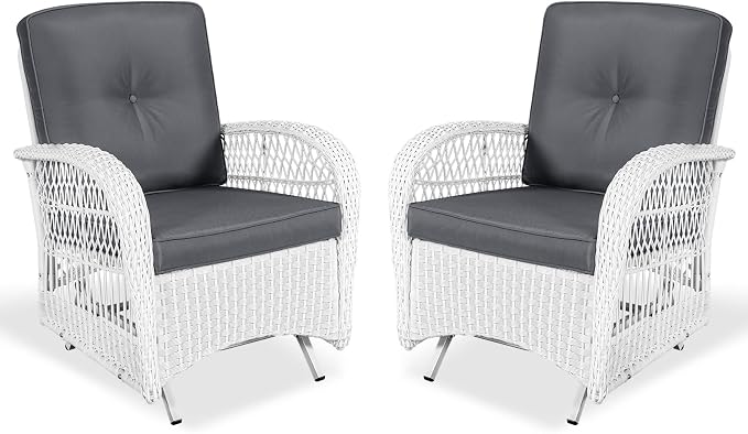 VIVIJASON 2-Piece Outdoor White Wicker Glider Rocking Chair, Patio Rattan Swing Glider Chairs with Cushions & Steel Frame, All-Weather Gliding Lawn Wicker Furniture for Garden Backyard Porch, Grey
