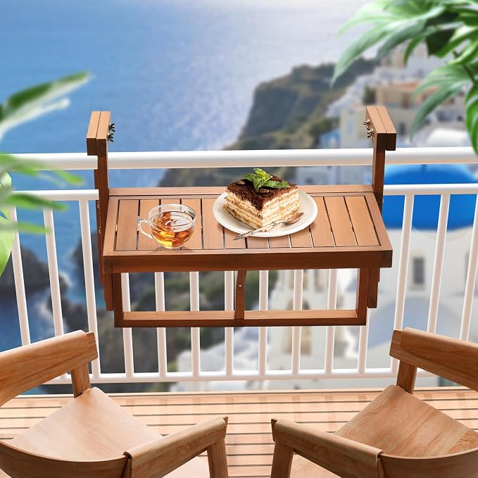 VINGLI 22in Acacia Wood Folding Balcony Hanging Table – Adjustable Height & Width, Balcony Railing Table Ideal for Different Railing Widths,Perfect for Balcony,Patio,Rectangular,Natural Wood Color