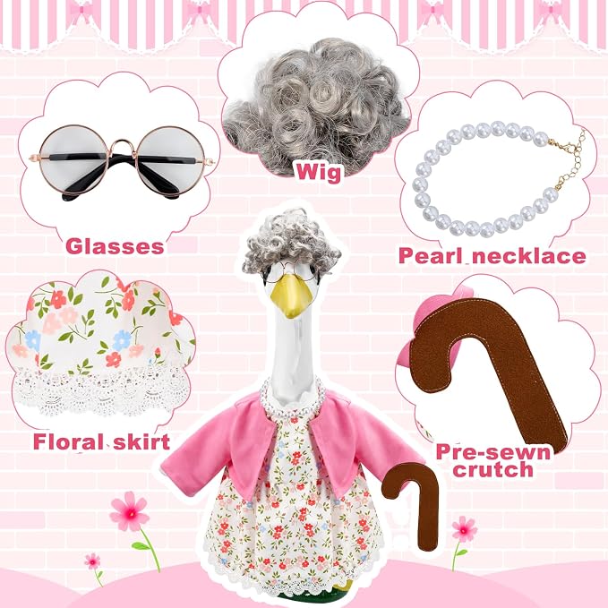 1 Set Old Lady Porch Goose Outfit for 23 Inch Goose Statues | Includes Grandma Goose Clothes with Cane, Silver Wig, Glasses and Faux Pearl Necklace for Summer Yard and Garden Displays