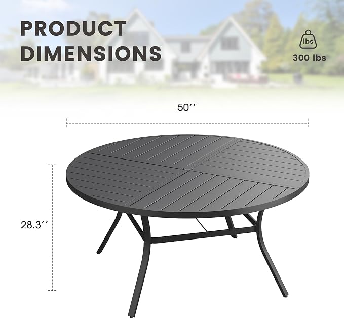 50" Outdoor Dining Table with Adjustable Umbrella Hole, Metal Slatted Round Patio Dining Table for Backyard Garden Deck, Black