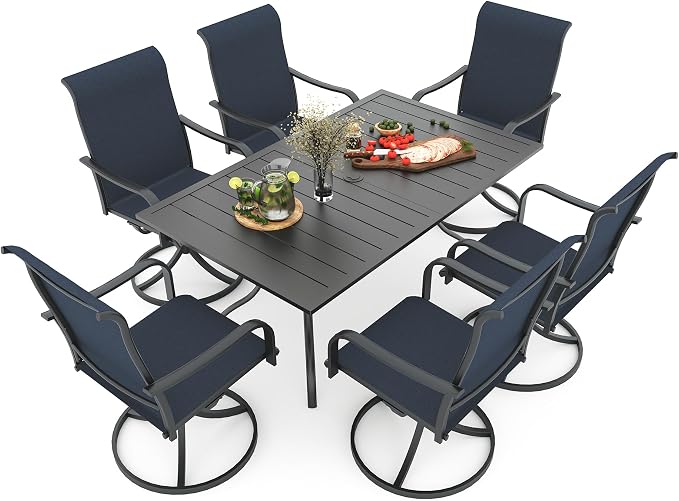 Patio 63" Rectangle Table and Navy Blue Swivel Chairs Outdoor Dining Set 7 | 6 Piece Swivel Chairs: High Back, Curved Armrest, Textilene Fabric, Rocking; 63"x38"x28" Metal Rectangle Table, All Weather