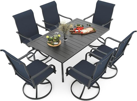 Patio 63" Rectangle Table and Navy Blue Swivel Chairs Outdoor Dining Set 7 | 6 Piece Swivel Chairs: High Back, Curved Armrest, Textilene Fabric, Rocking; 63"x38"x28" Metal Rectangle Table, All Weather