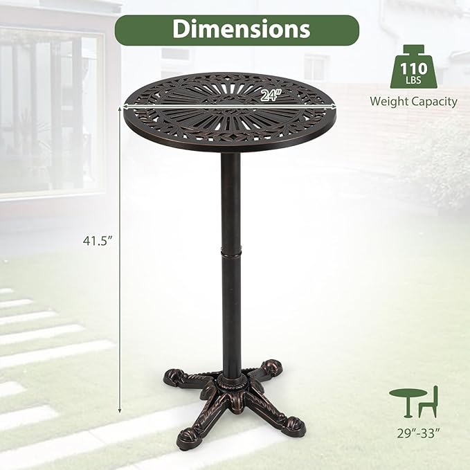 COSTWAY 24" Patio Round Bar Table, 41.5" Pub Height Cast Aluminum High Top Table with Carved Texture for Outdoor, Bistro, Garden, Backyard, Balcony, Poolside, Bronze
