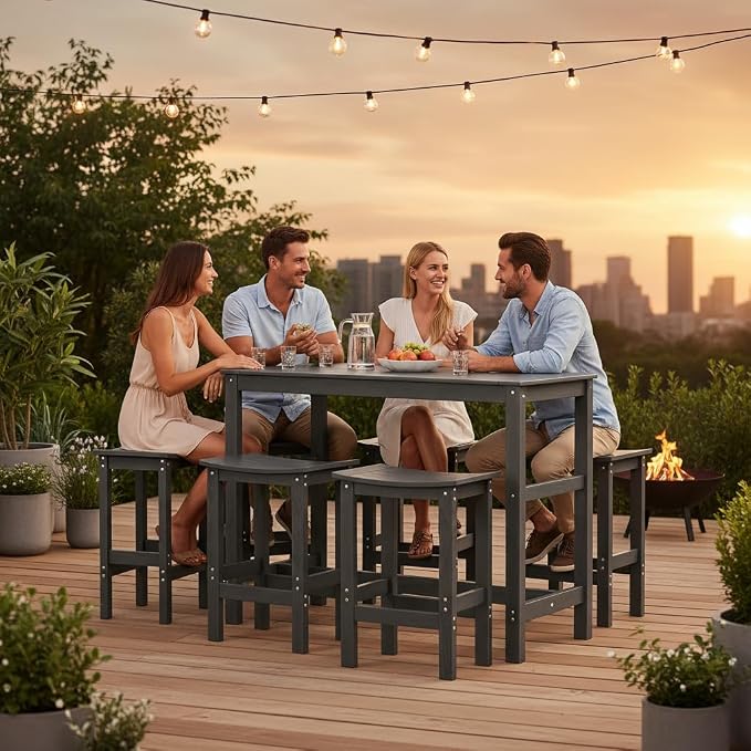 5Pcs Poly Lumber Outdoor Patio Bar Set, All Weather HIPS Bar Table and Chairs Set for Outside, 55" Rectangular High Top Bar Table with 4 Bar Stools for Patio, Poolside, Balcony, Hot Tub, Blue