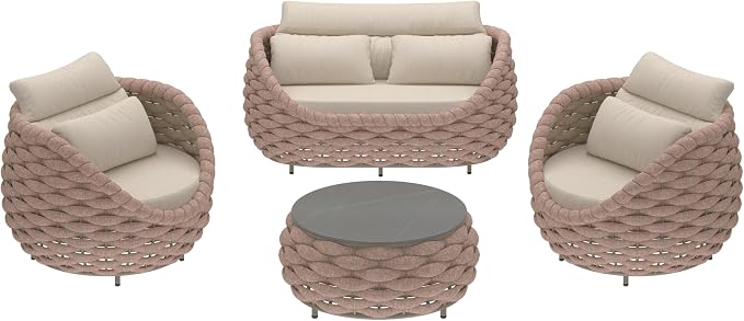 Outdoor 4 PCS Patio Conversation Set, All-Weather Wicker Patio Couch Sofa with Waterproof Thick Cushion Coffee Table for Porch, Balcony Mocha | All-Weather Wicker