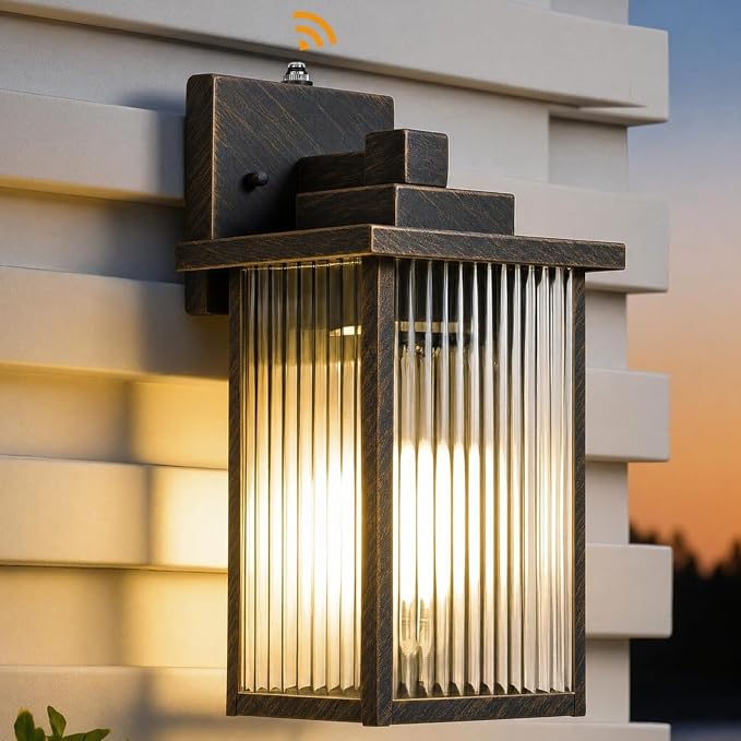 13" Black Brush Gold Dusk to Dawn Wall-Mounted Porch Light | Auto On and Off, Anti-Rust Metal Frame, Tempered Glass, E26 Socket, Easy DIY Install on Porch, Garage