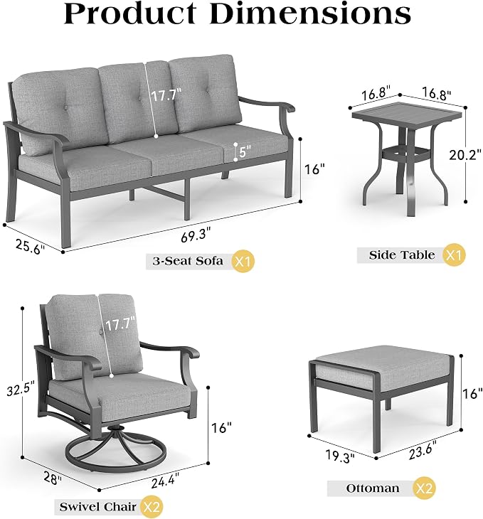 9 Piece Patio Conversation Set, Outdoor Metal Furniture Set w/Rocking Swivel Chairs, 3-Seat Sofa, Ottomans and Coffee Side Table, 5" Thickened Cushions for Backyard, Poolside, Gray