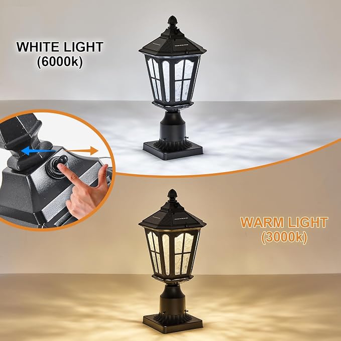 2 Pack Outdoor Solar Lamp Post Light with Pier Mount Base, Dusk to Dawn Aluminium Classic Exterior Pole Lamps with Water Ripple Glass, Solar Pillar Lights for Fence, Gate, Driveway, Black