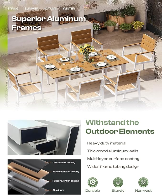 Outdoor Dining Set, Patio Table and Chairs Set with Umbrella Hole, 7 Pieces HDPS + Aluminum Patio Dining Furniture Set for Backyard, Garden (White & Teak)