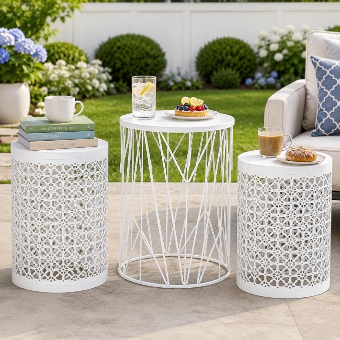 Y&M Outdoor Side Tables, Set of 3 Metal Stacking Patio Side Tables for Outside, Round Indoor End Tables, Coffee Accent Poolside Tables for Patio Garden Balcony, White