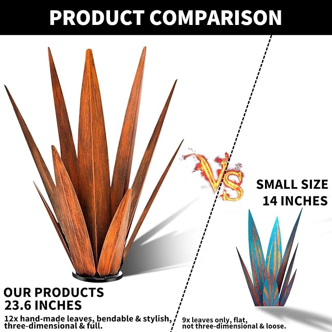 KODIBO 24" Metal Agave Plant Outdoor Decor, Large Garden Sculpture, Rusty | Weather-Resistant Rustproof Metal, Hand-Painted Finish, Tequila Rustic Sculpture, Desert Steel Yard Art, Garden Outdoor Decor