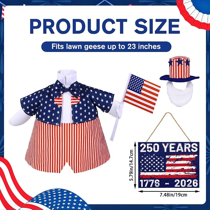 Celltestria 4th of July Goose Outfits for 23" Geese 250th Anniversary Sign Flag Goose Clothes Patriotic Porch Goose Costume for USA Independence Memorial Day Outdoor Patio Yard Lawn Garden Decoration