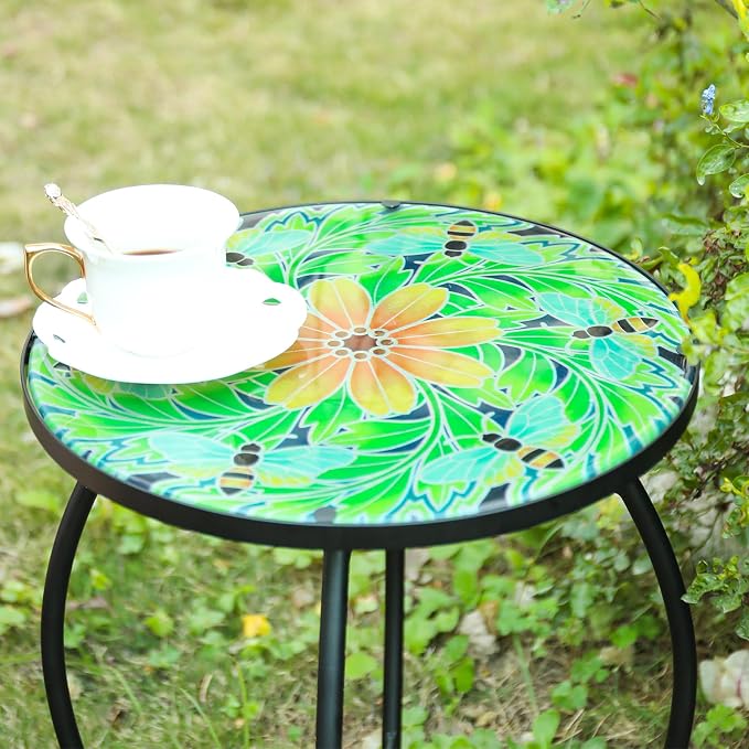 VCUTEKA Outdoor Side Table Mosaic End Patio Side Table Small End Tables Glass Top Round Balcony Coffee Tables Porch Indoor Glass Top Bee 14''