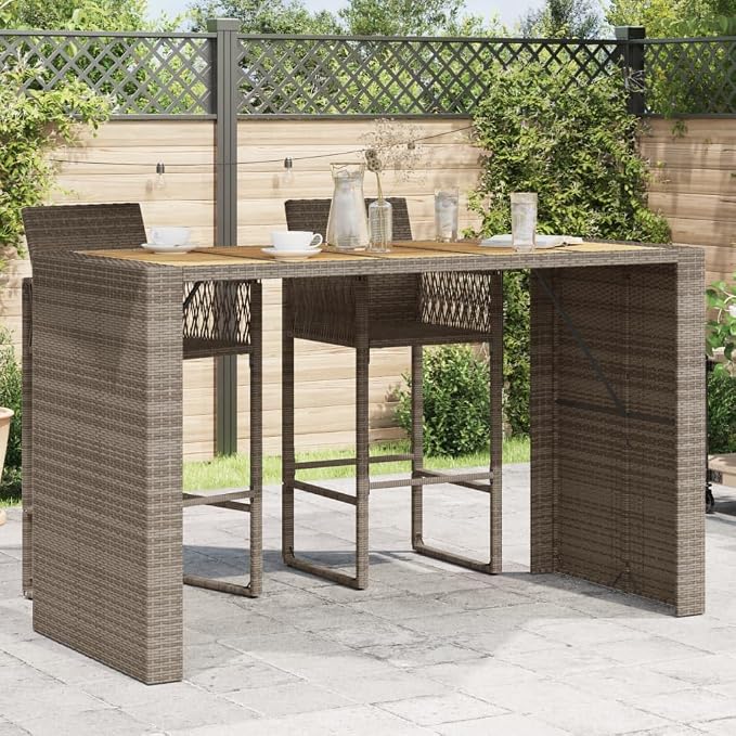 72.8 Inch Outdoor Bar Table Grey Rectangular Synthetic Rattan with Acacia Wood Top for Patio Garden Terrace Cocktail and Dining Furniture