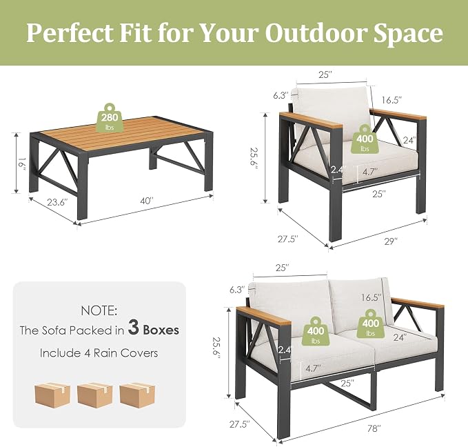 INGEROOM 4 Piece Aluminum Outdoor Patio Furniture Set with Waterproof Cover, 4-Seat Patio Conversation Sets with Coffee Table, Outdoor Sectional Furniture Set for Porch, Balcony, Deck, Oatmeal