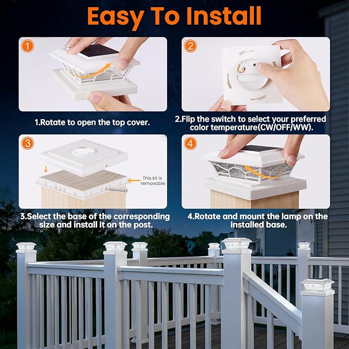 4x4 3.5x3.5 Solar Post Cap Lights 4-Pack White | 2 Modes (Warm/Cool White), 16LEDs, for Wooden/Vinyl Posts, IP65 Waterproof, Outdoor, for Fence, Deck, Patio, Yard, Porch