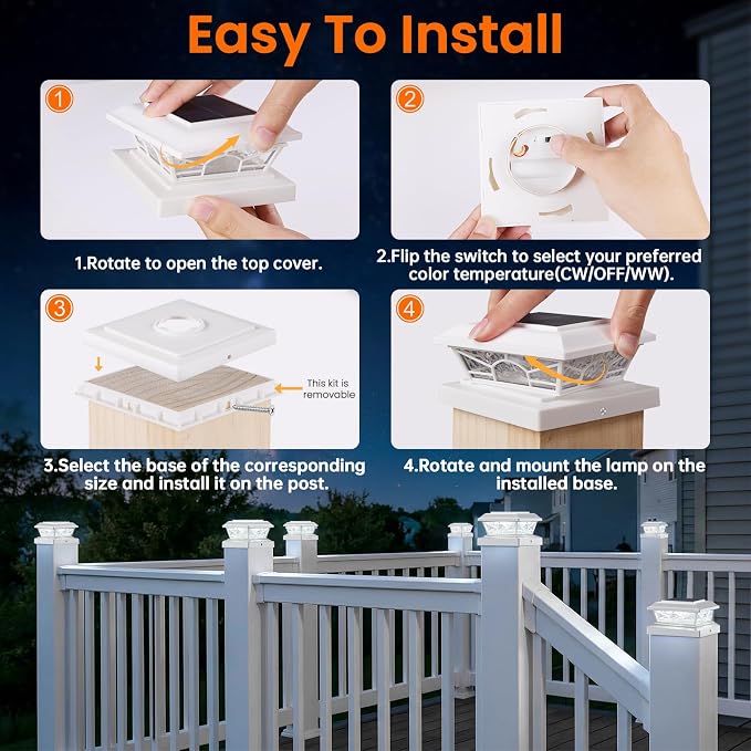 4x4 3.5x3.5 Solar Post Cap Lights 12-Pack White | 2 Modes (Warm/Cool White), 16LEDs, for Wooden/Vinyl Posts, IP65 Waterproof, Outdoor, for Fence, Deck, Patio, Yard, Porch