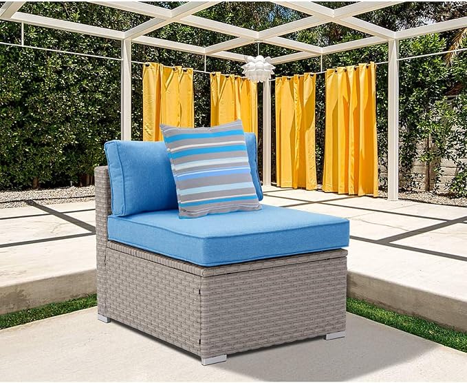 HOMPUS Outdoor Patio Furniture Warm Gray Wicker Armless Chair w Blue Cushion w 1 Stripe Pillow for Garden, Pool, Backyard