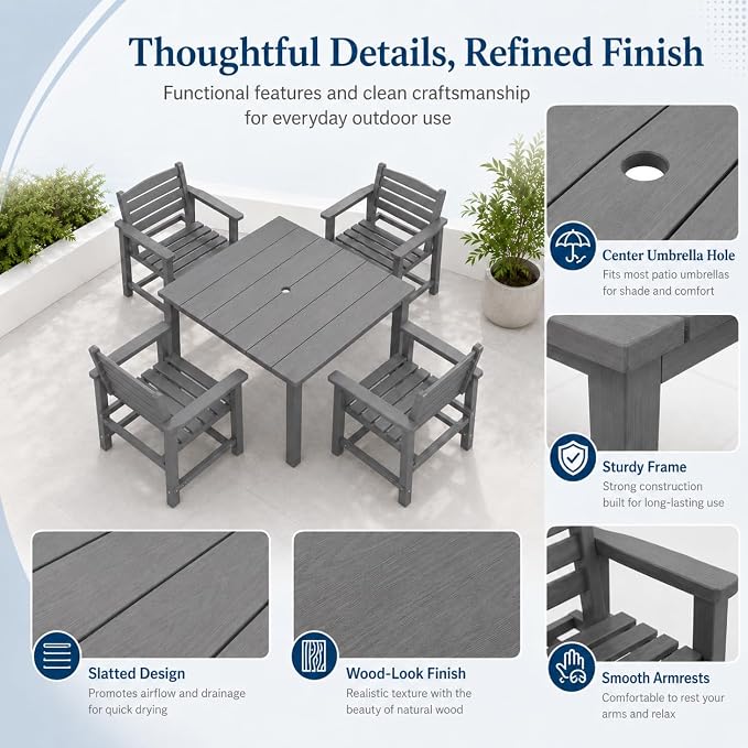 HDPE Outdoor Dining Set for 6, Modular Tables & 6 Armchairs | • Expandable 2-Table Combo • Dual 2" Umbrella Openings • 410 lbs High Weight Limit • All-Weather Polywood