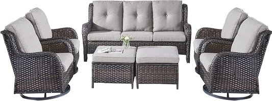 Rilyson Wicker Patio Furniture Set - 7 Piece Rattan Outdoor Sectional Conversation Sets with 4 Swivel Rocking Chairs,2 Ottomans and 1 Sofa for Porch Deck Garden(Brown/Grey)