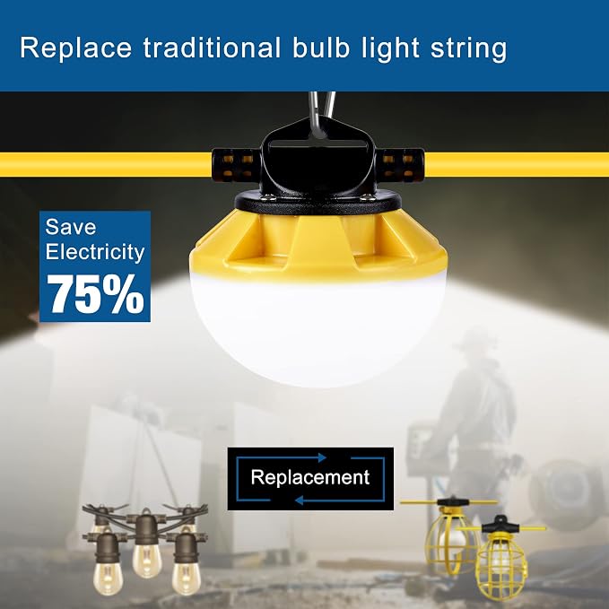 LED Construction String Light 50FT, 50W 6000Lm,18AWG Wire,5000K Linkable String Work Lights with 5 Bulbs & Hooks, Industrial Temporary Lighting for Construction Site, Crawl Space,Job Site,Attic